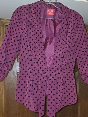ELLE Women's XS Burgundy Black Polka Dot Blazer Ruched Sleeve Career Jacket